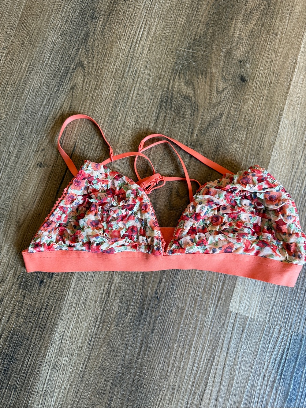 aerie Coral Floral Ruffle Bralette